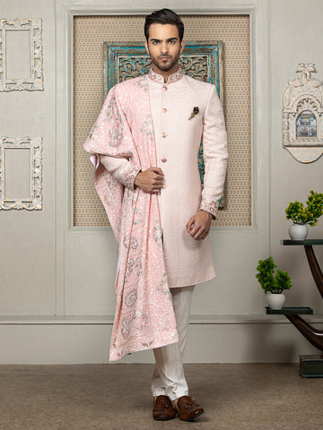 Pink Sherwani Set with Embroidered Dupatta