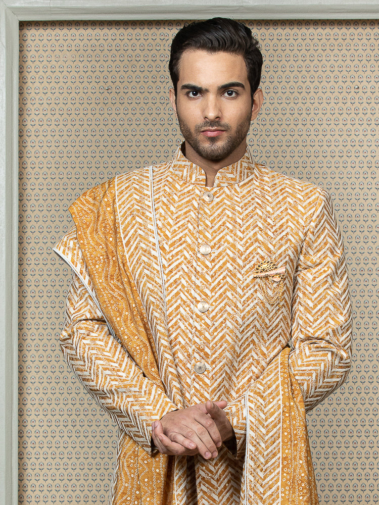 Mustard Embroidered Sherwani Set with Dupatta