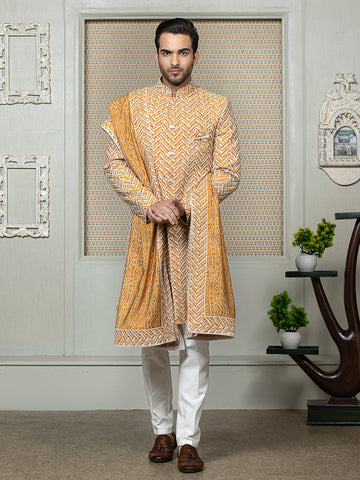 Mustard Embroidered Sherwani Set with Dupatta