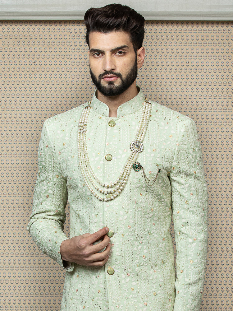 Mint Green Embroidered Sherwani Set