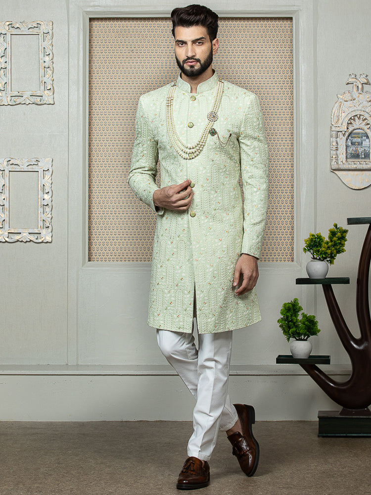 Mint Green Embroidered Sherwani Set