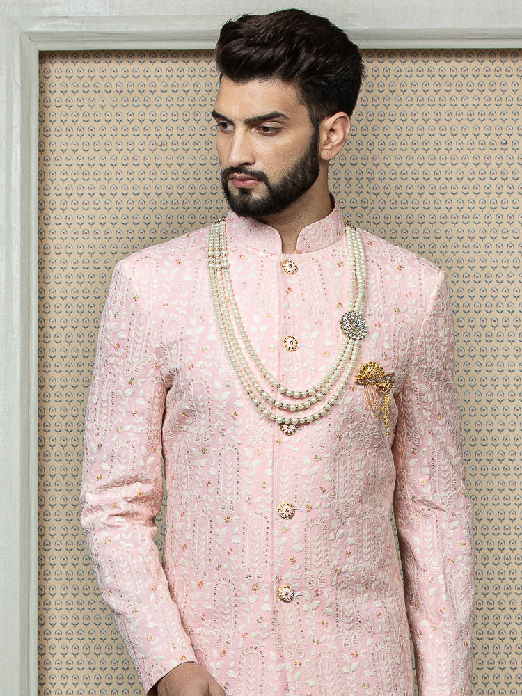 Pastel Pink Embroidered Sherwani Set