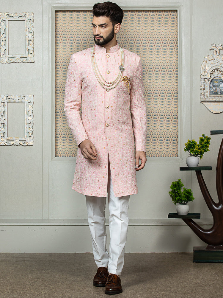 Pastel Pink Embroidered Sherwani Set