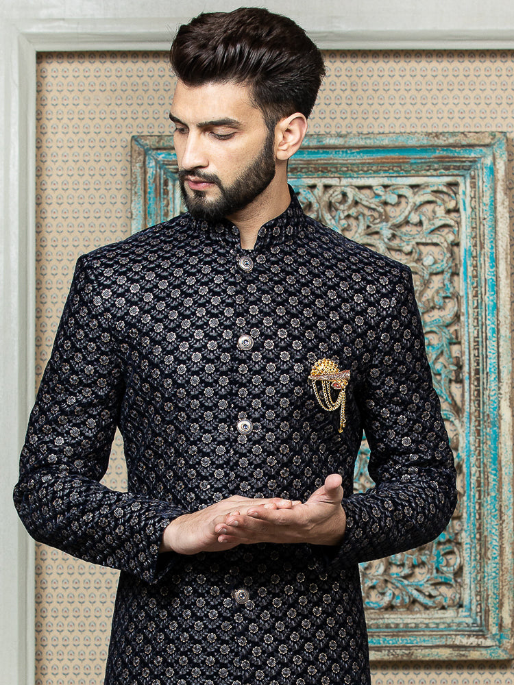 Navy Embroidered Sherwani Set