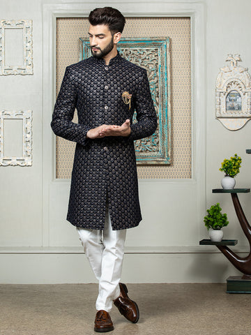 Navy Embroidered Sherwani Set