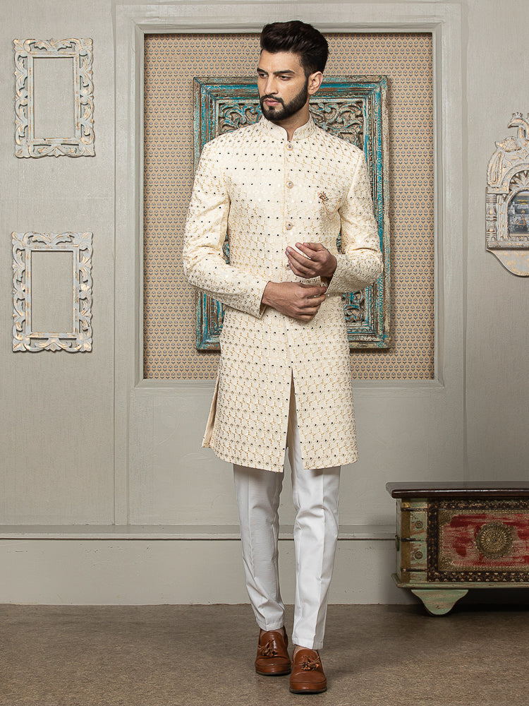 Fawn Embroidered Sherwani Set