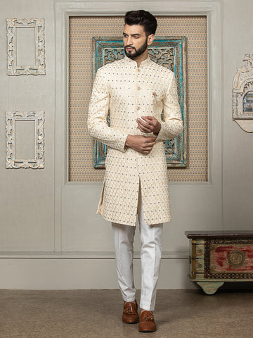 Fawn Embroidered Sherwani Set