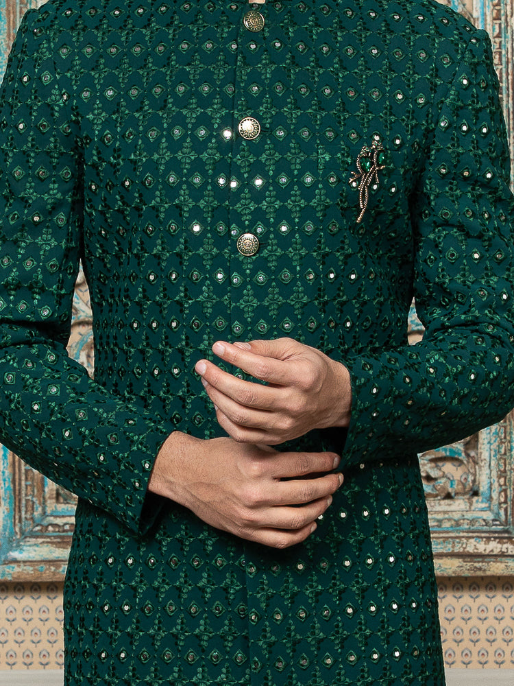 Dark Green Embroidered Sherwani Set