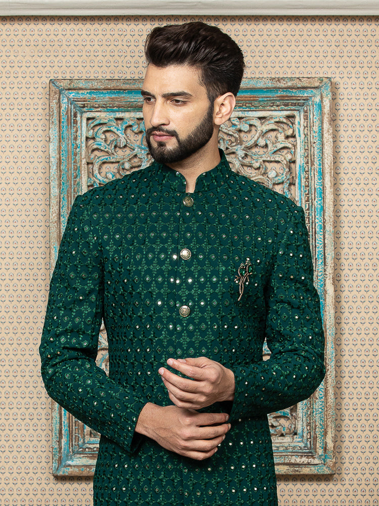 Dark Green Embroidered Sherwani Set