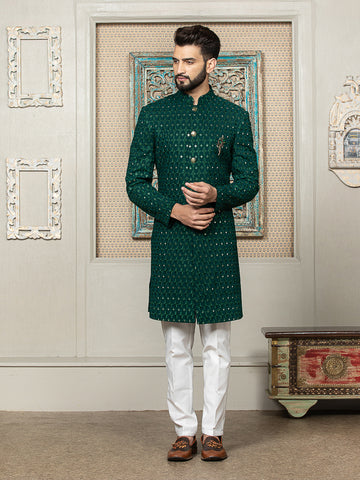 Dark Green Embroidered Sherwani Set