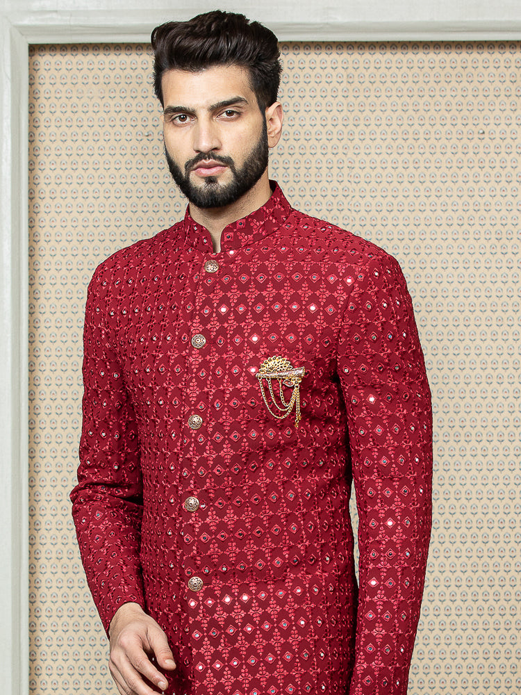 Mehroon Embroidered Sherwani Set