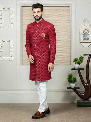 Mehroon Embroidered Sherwani Set