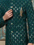 Dark Green Sherwani Set with Embroidered Dupatta