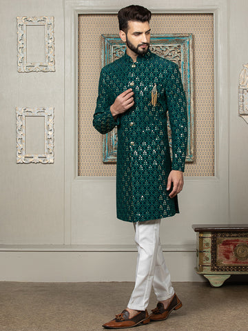 Dark Green Sherwani Set with Embroidered Dupatta