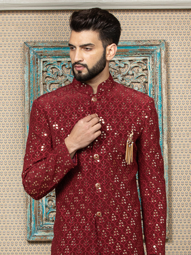 Mehroon Sequence Embroidered Sherwani Set