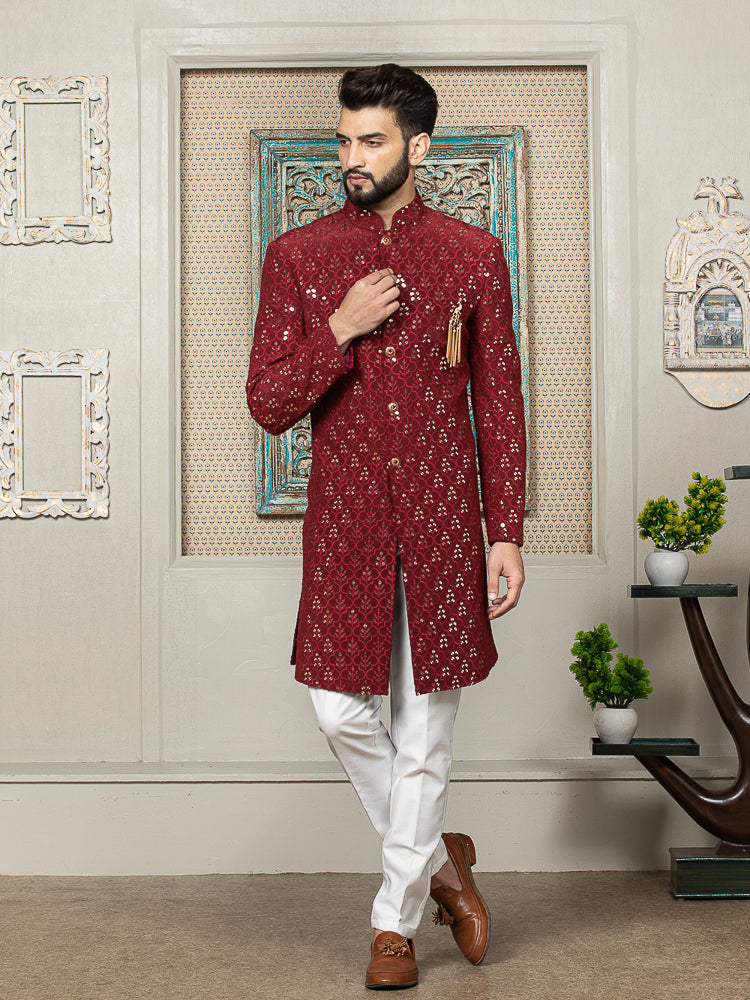 Mehroon Sequence Embroidered Sherwani Set