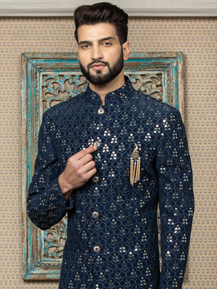 Navy Sequence Embroidered Sherwani Set