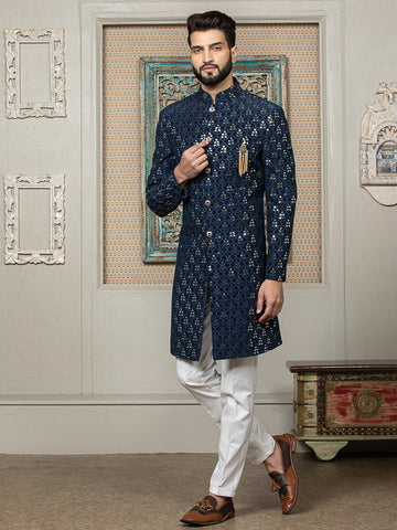 Navy Sequence Embroidered Sherwani Set