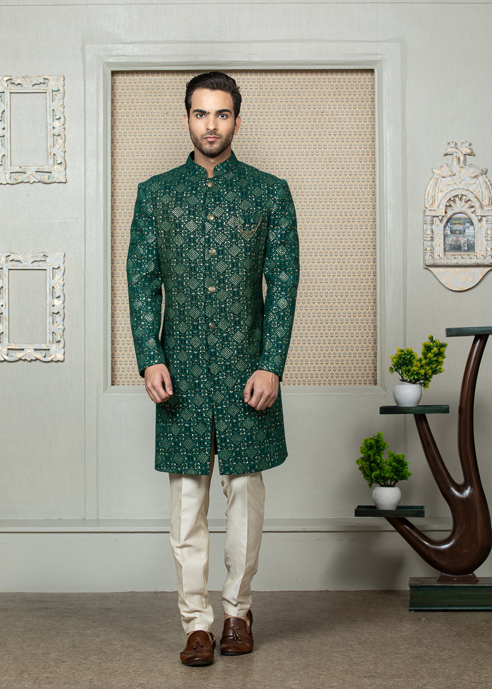 Green Embroidered Sherwani Set