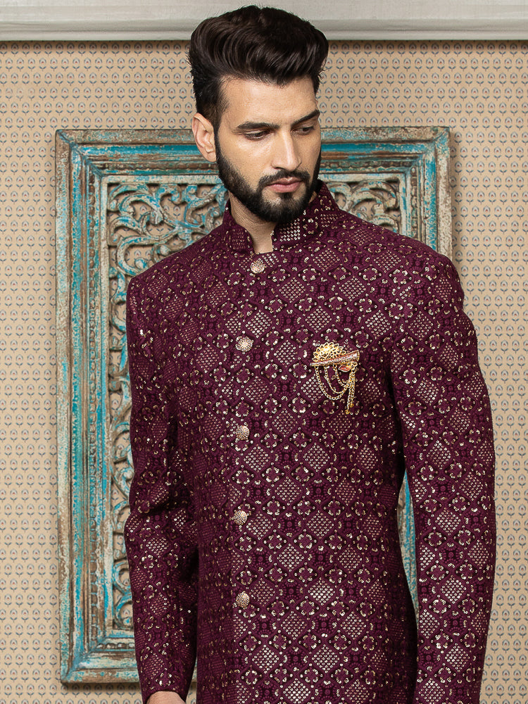 Wine Sequence Embroidered Sherwani Set