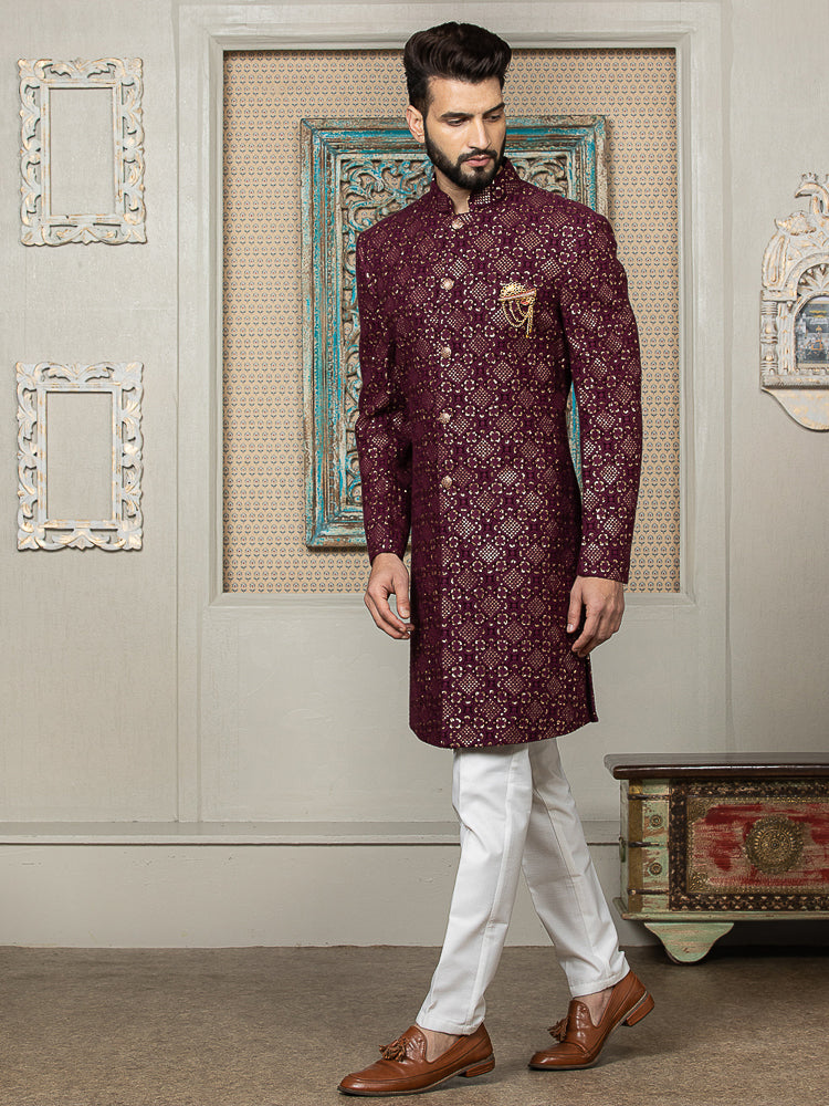 Wine Sequence Embroidered Sherwani Set