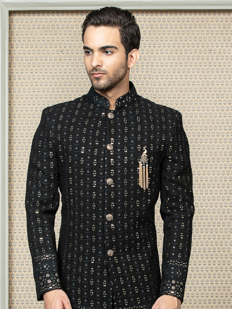 Black Sequence Embroidered Sherwani Set