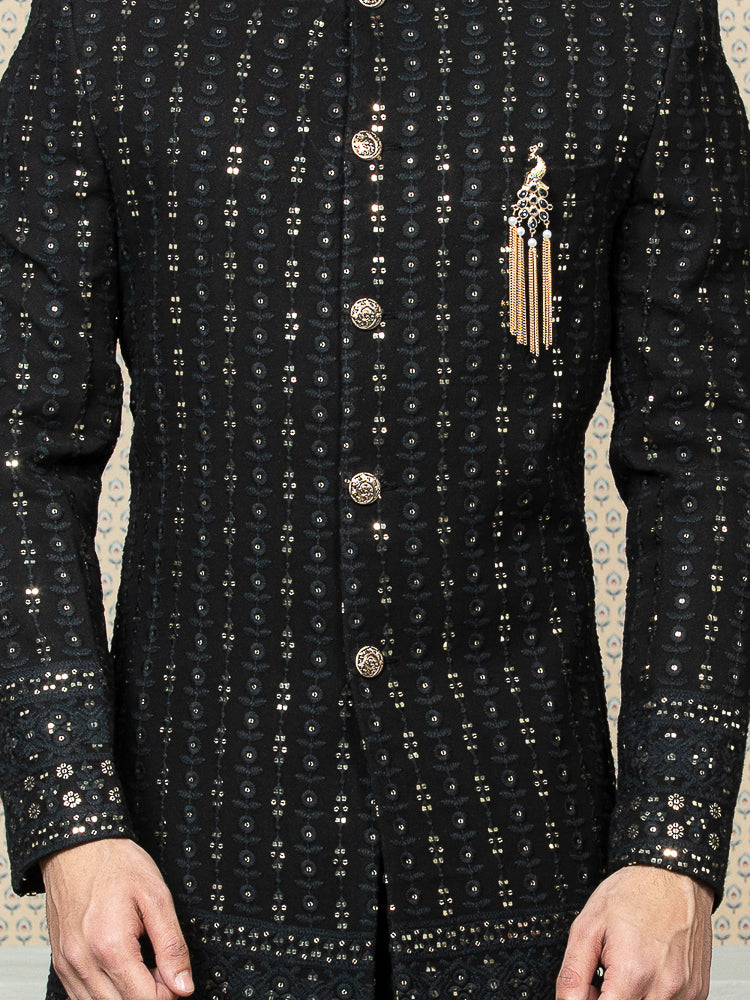 Black Sequence Embroidered Sherwani Set