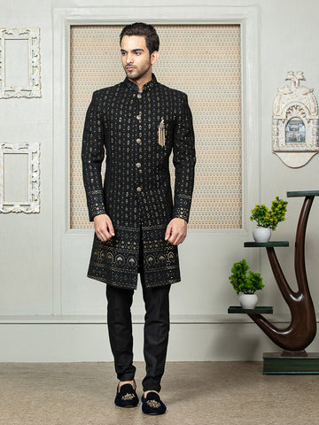 Black Sequence Embroidered Sherwani Set