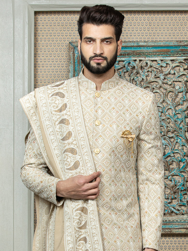 Khaki Embroidered Sherwani Set with Dupatta