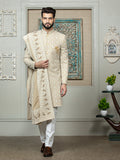 Khaki Embroidered Sherwani Set with Dupatta