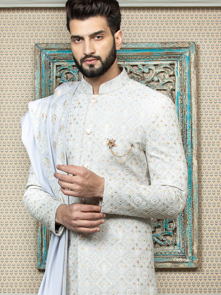 Sky Blue Embroidered Sherwani Set with Dupatta