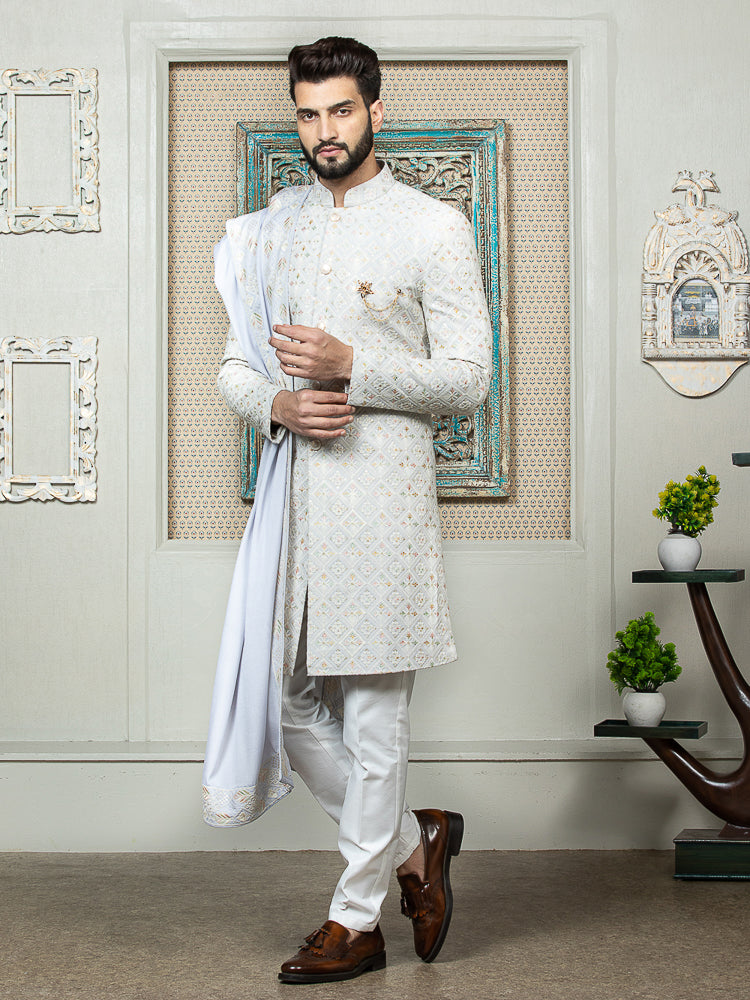 Sky Blue Embroidered Sherwani Set with Dupatta