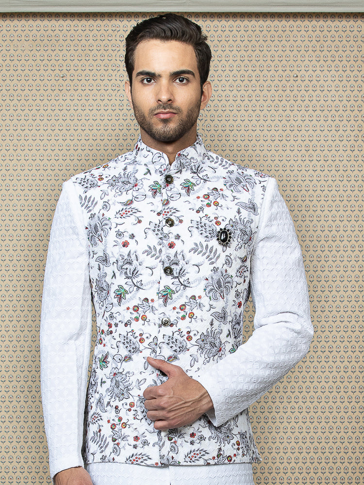 White Printed Nehru Jacket Set