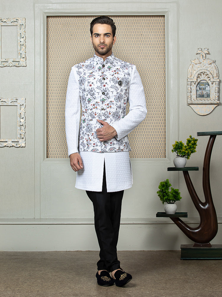 White Printed Nehru Jacket Set