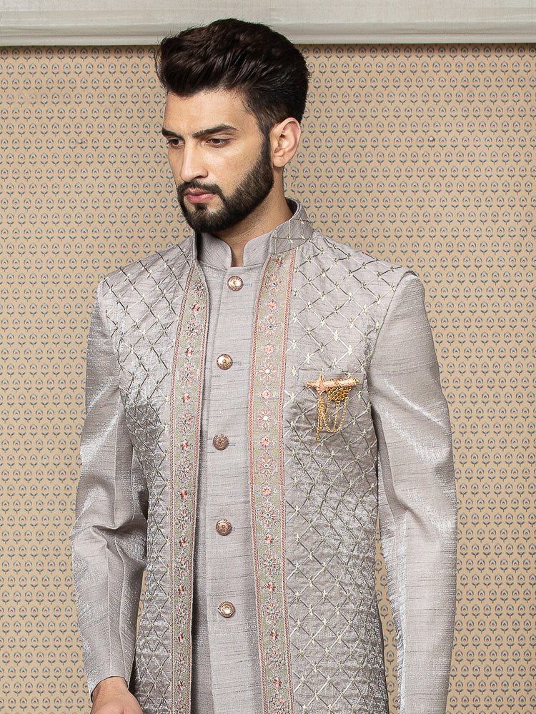 Grey Sherwani Set with Embroidered Long Jacket