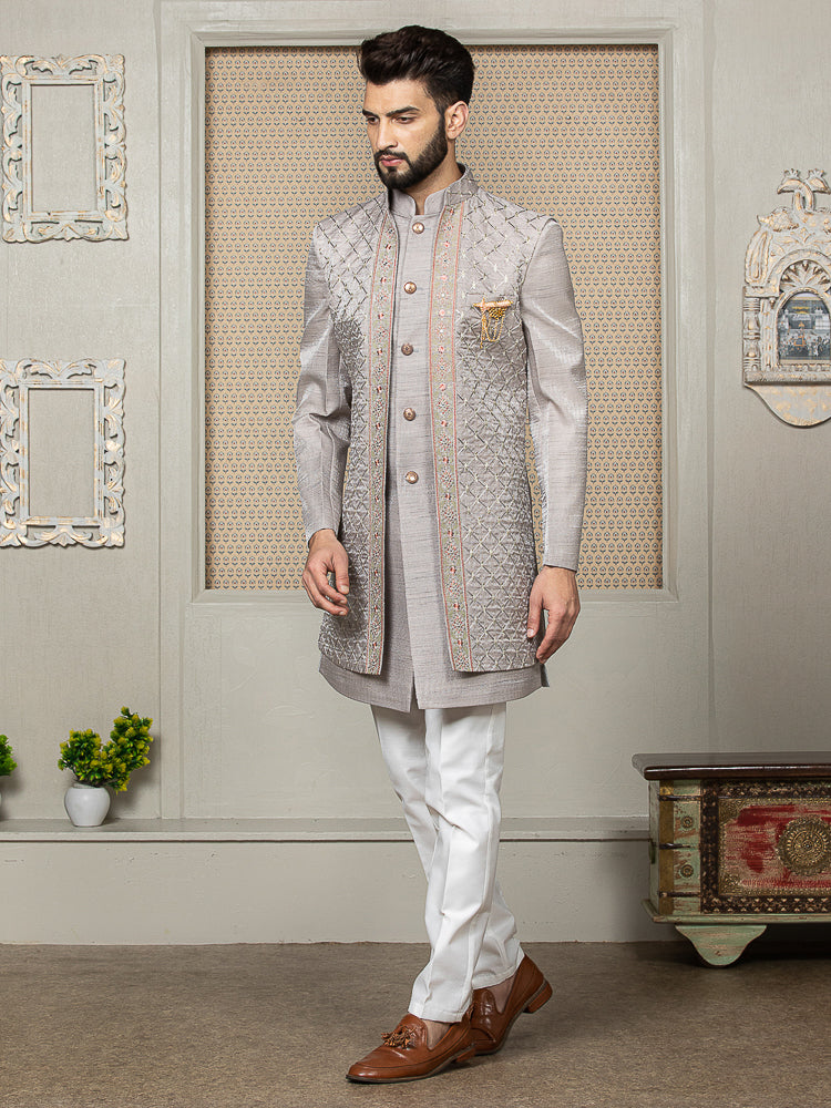 Grey Sherwani Set with Embroidered Long Jacket