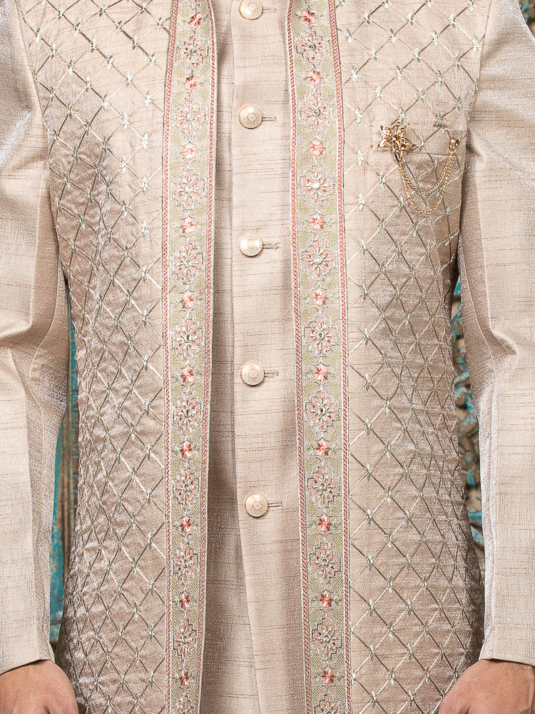 Cream Sherwani Set with Embroidered Long Jacket