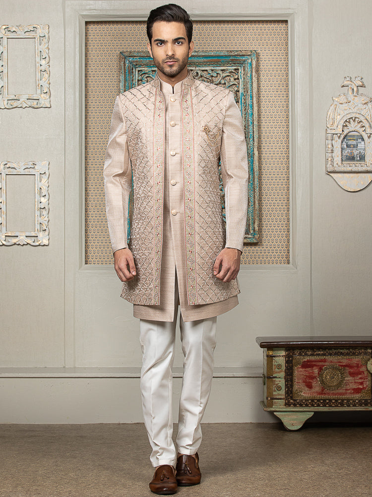 Cream Sherwani Set with Embroidered Long Jacket