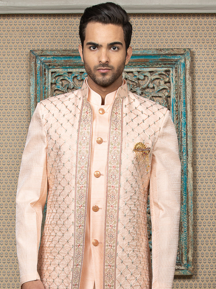 Peach Sherwani Set with Embroidered Long Jacket