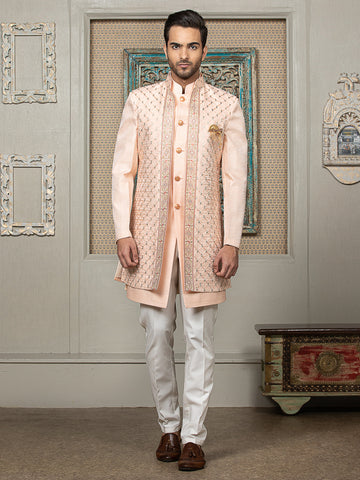 Peach Sherwani Set with Embroidered Long Jacket