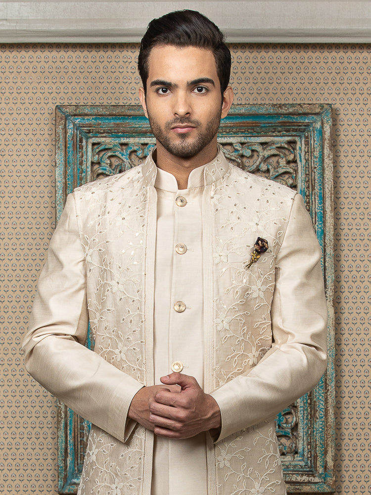 Off-White Sherwani Set with Embroidered Long Jacket