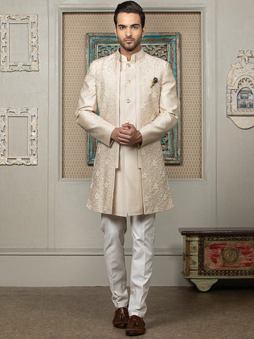 Off-White Sherwani Set with Embroidered Long Jacket