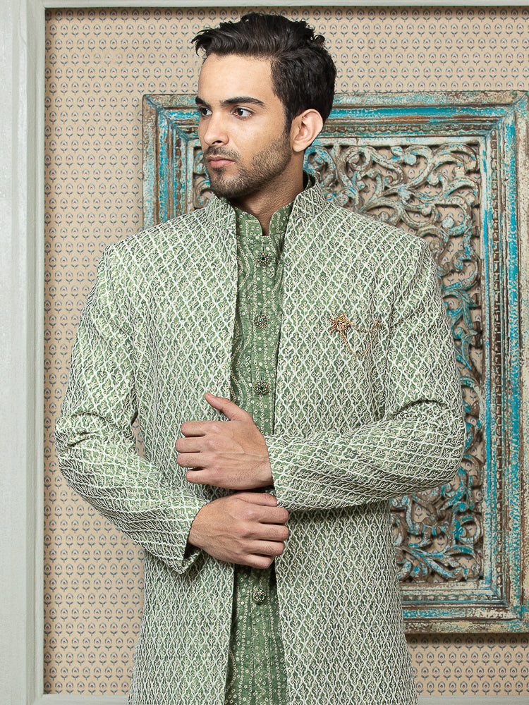 Green Embroidered Sherwani Set with Long Jacket