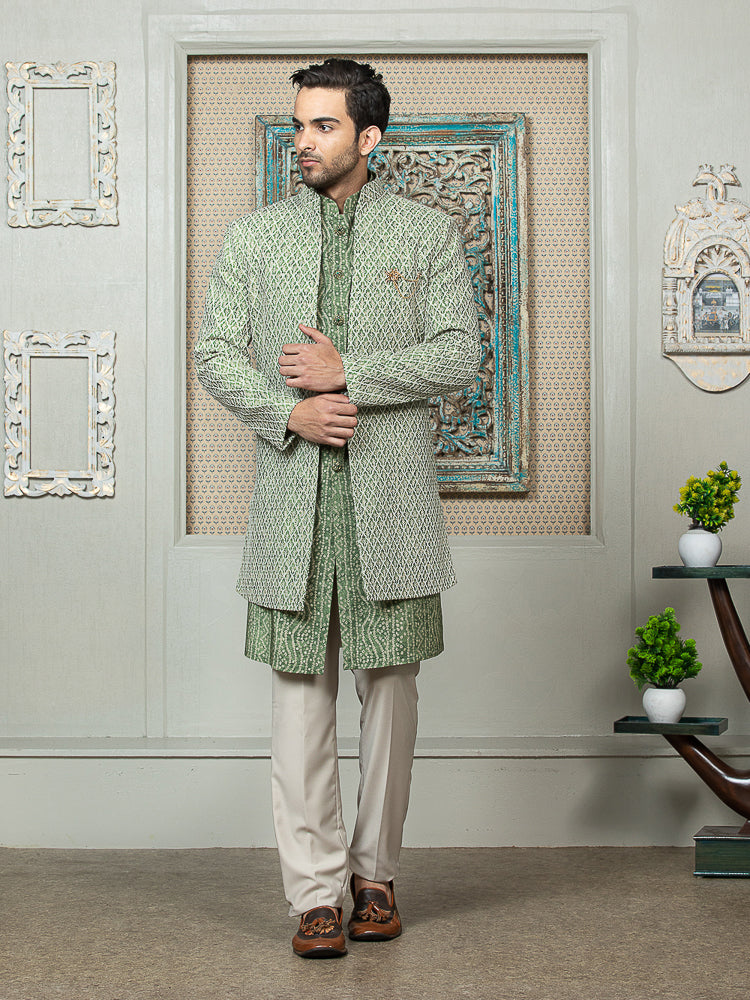 Green Embroidered Sherwani Set with Long Jacket