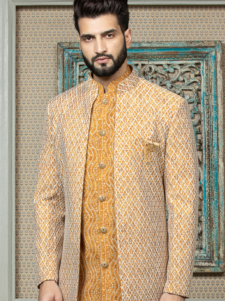 Mustard Embroidered Sherwani Set with Long Jacket