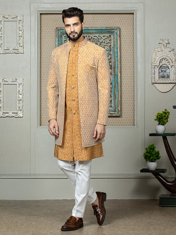 Mustard Embroidered Sherwani Set with Long Jacket