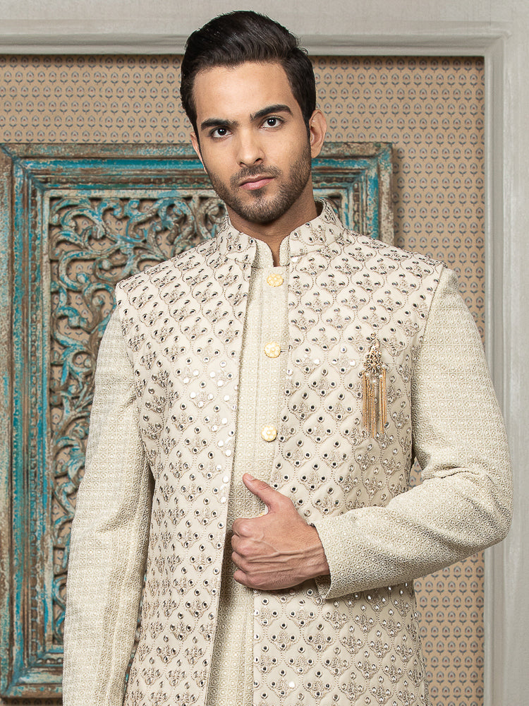 Off-White Embroidered Sherwani Set with Long Jacket