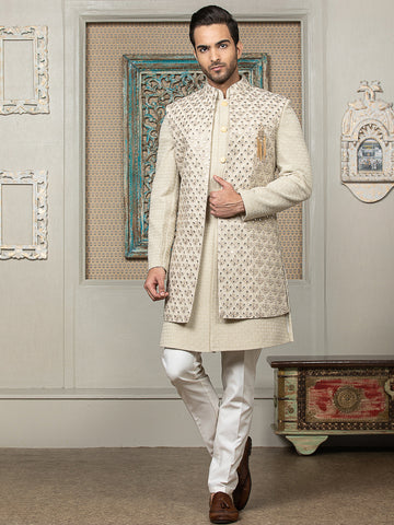 Off-White Embroidered Sherwani Set with Long Jacket