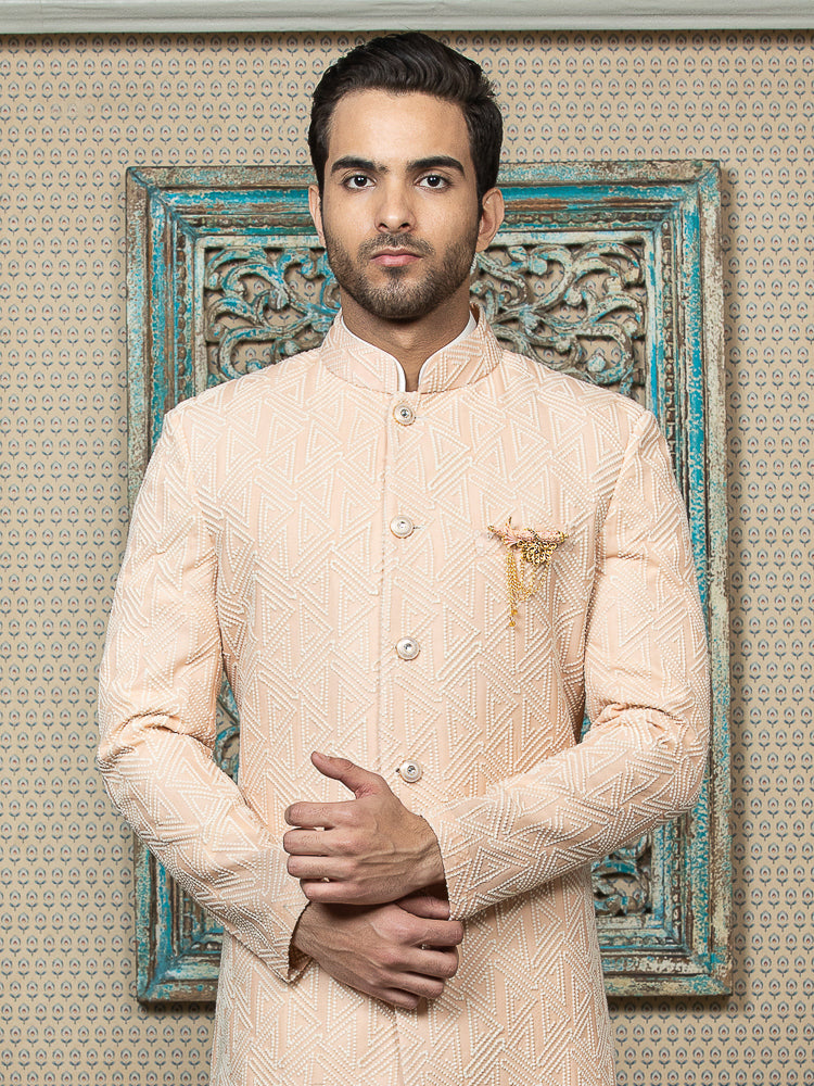 Peach Sherwani Set with Embroidered Long Jacket