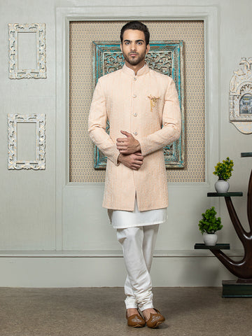 Peach Sherwani Set with Embroidered Long Jacket